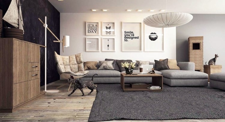 couchtische-massivholz-wohnzimmer-teppich-posters-schwarz-weiss-sofa-grau-katzen