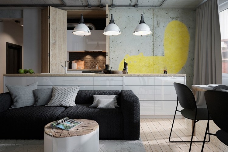 Couchtische aus Massivholz -wohnzimmerbaustamm-weiss-dielenboden-industriedesign-betonwand-couch-schwarz