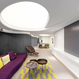 decken design mit beleuchtung couch purpur gelb grau akzente