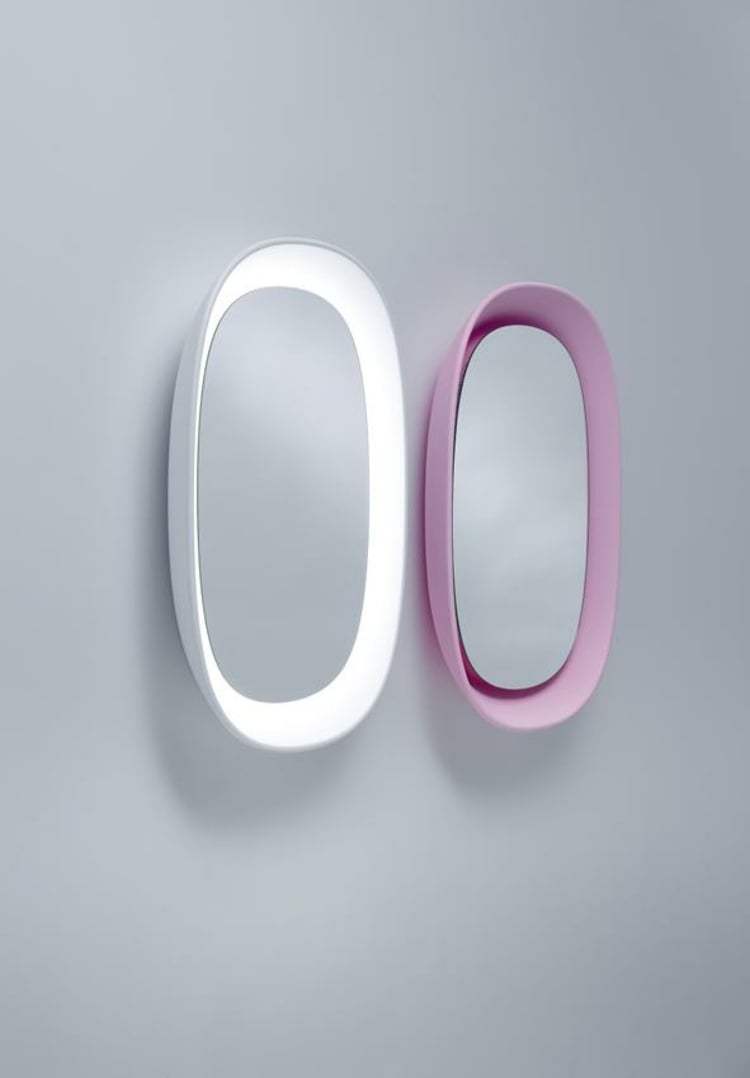 design spiegel oval beleuchtung pink weiss wanddeko