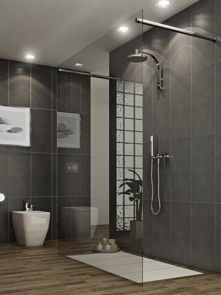 Ebenerdige Dusche -anthrazit-holzboden-regendusche-duschkabine-glas-badezimmer-modern