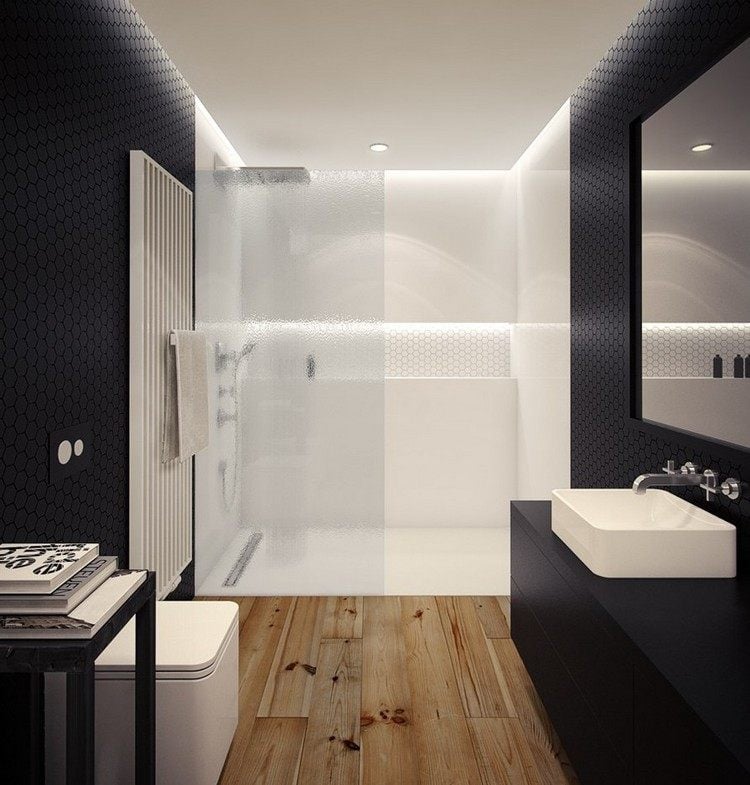 ebenerdige-dusche-badezimmer-mattglas-trennwand-schwarz-weiss