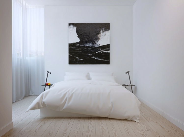 einrichtung loft minimalistisch stil schlafzimmer wandbild gardinen weiss