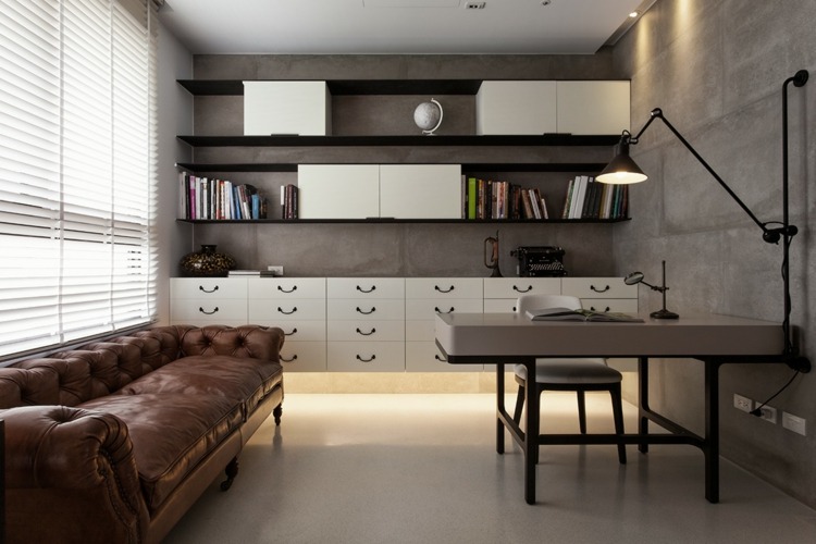 einrichtung minimalistisch asiatischem design buero moebel leder sofa schraenke regal