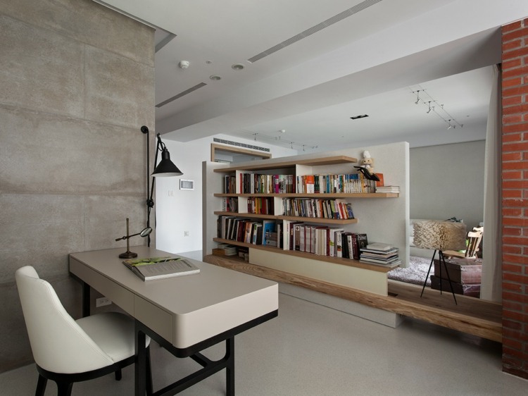 einrichtung minimalistisch asiatischem design heimbuero regal ziegelstein beton