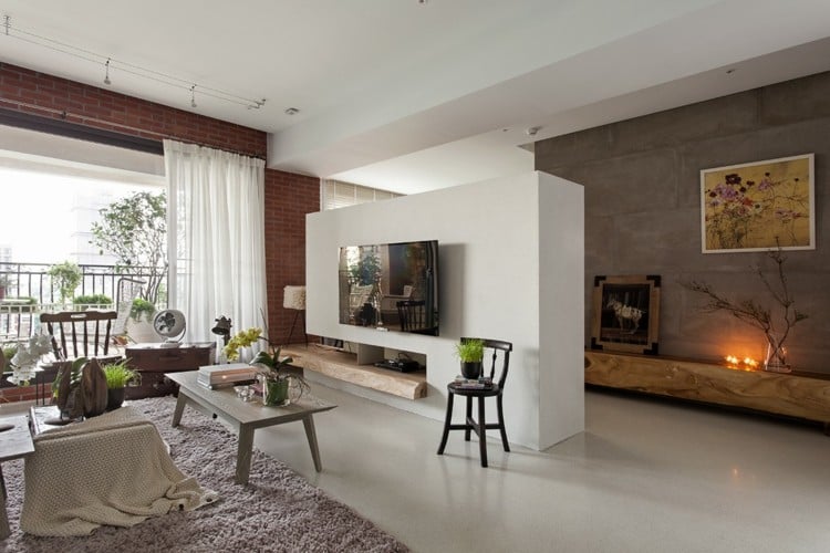 einrichtung mit minimalistisch asiatischem design wohnzimmer fernseher trennwand