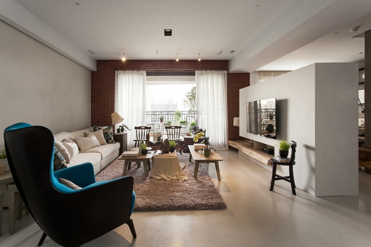 einrichtung mit minimalistisch asiatischem design ziegelstein wand akzent wohnzimmer