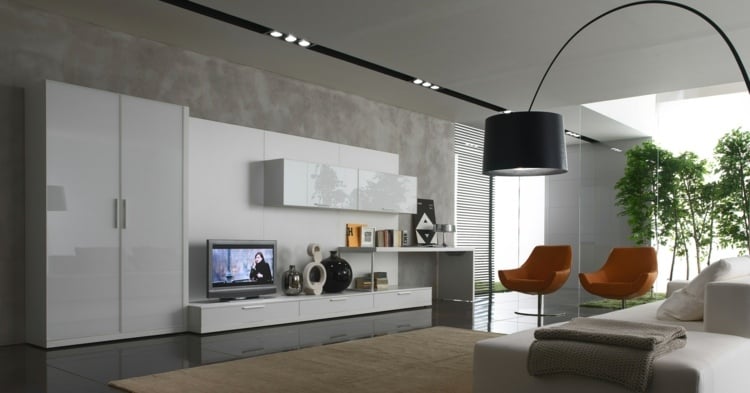 einrichtungsidee fürs wohnzimmer grau weiss beton look stehlampe modern