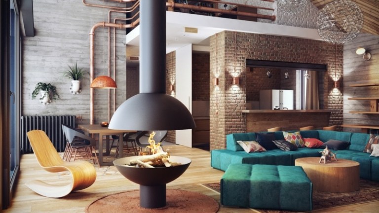 einrichtungsideen fürs wohnzimmer tuerkis sofa kamin modern ziegelstein wand