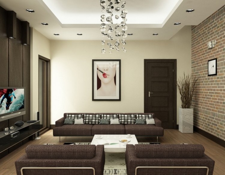 Einrichtungsideen fürs Wohnzimmer -braun-couch-sessel-polster-foto-bold-modern-kraonleuchter-tvwand-ziegelwand