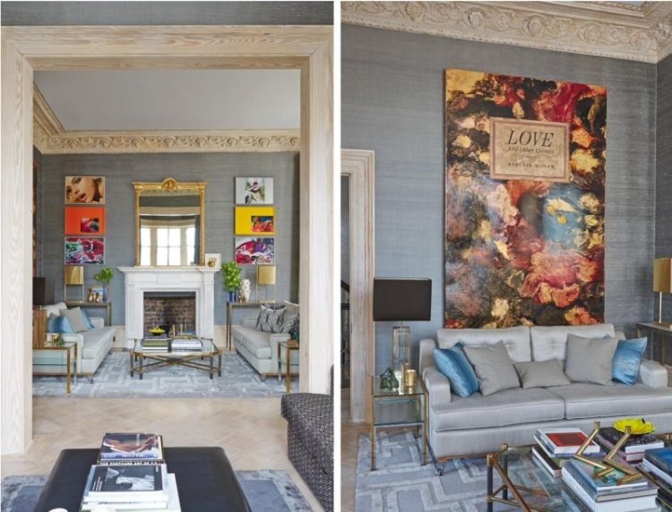 Einrichtungsideen fürs Wohnzimmer -grau-mischung-kunstwerke-bilder-modern-couch-teppich-couchtisch-glas-buecher-kissen-samt-deko