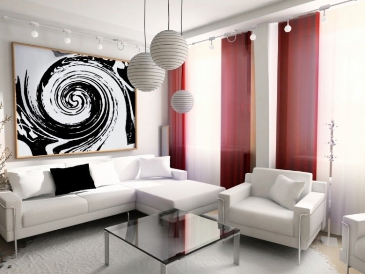 Einrichtungsideen fürs Wohnzimmer -schwarz-weiss-bild-spirale-leuchten-kugel-gardinen-rot-akzent-couchtisch-glas