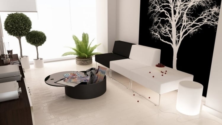einrichtungsideen-wohnzimmer-schwarz-weiss-couch-sitzmoebel-module-couchtisch-hochglanz-rund-wandtattoo-baum-pflanzen-fenster