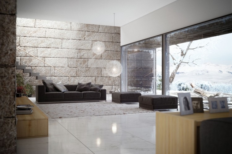 graue-fliesen-wohnung-einrichtung-ideen-wohnzimmer-wandgestaltung-marmor-teppich-panoramafenster