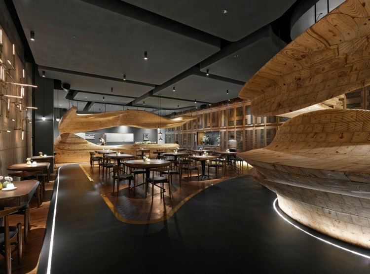 holz bar organischer form tische restaurant taiwan raw design