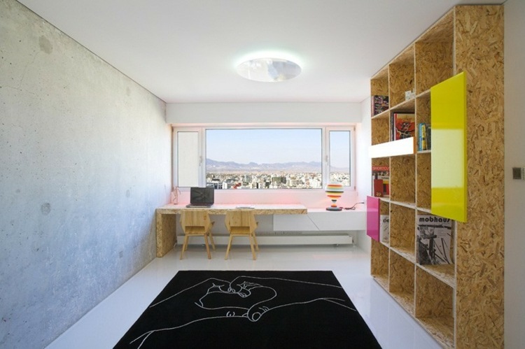 home office ausblick zypern sperrholz moebel beton wand teppich