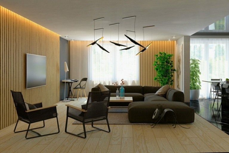 interieur holz lamellen akzent idee wohnbereich lampen modern design