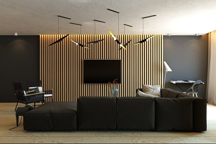 interieur mit holz lamellen akzent wand wohnzimmer fernseher pendelleuchten