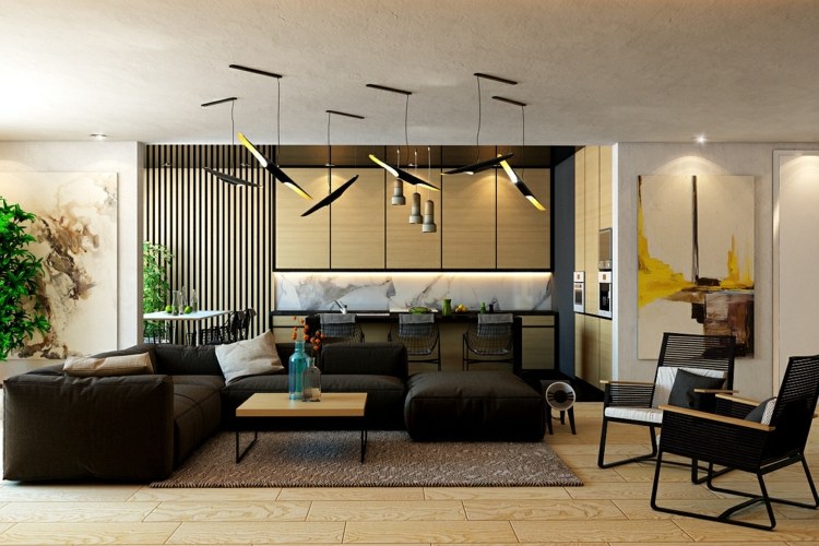 interieur mit holz lamellen modern wohnzimmer kueche sofa teppich