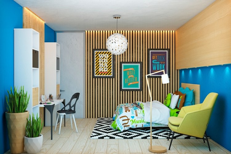 interieur mit holz lamellen schlafzimmer blau beach stil bett bunt