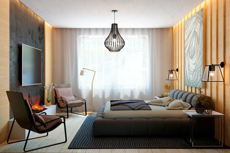 interieur mit holz lamellen schlafzimmer lampe modern kopfbrett design stuehle