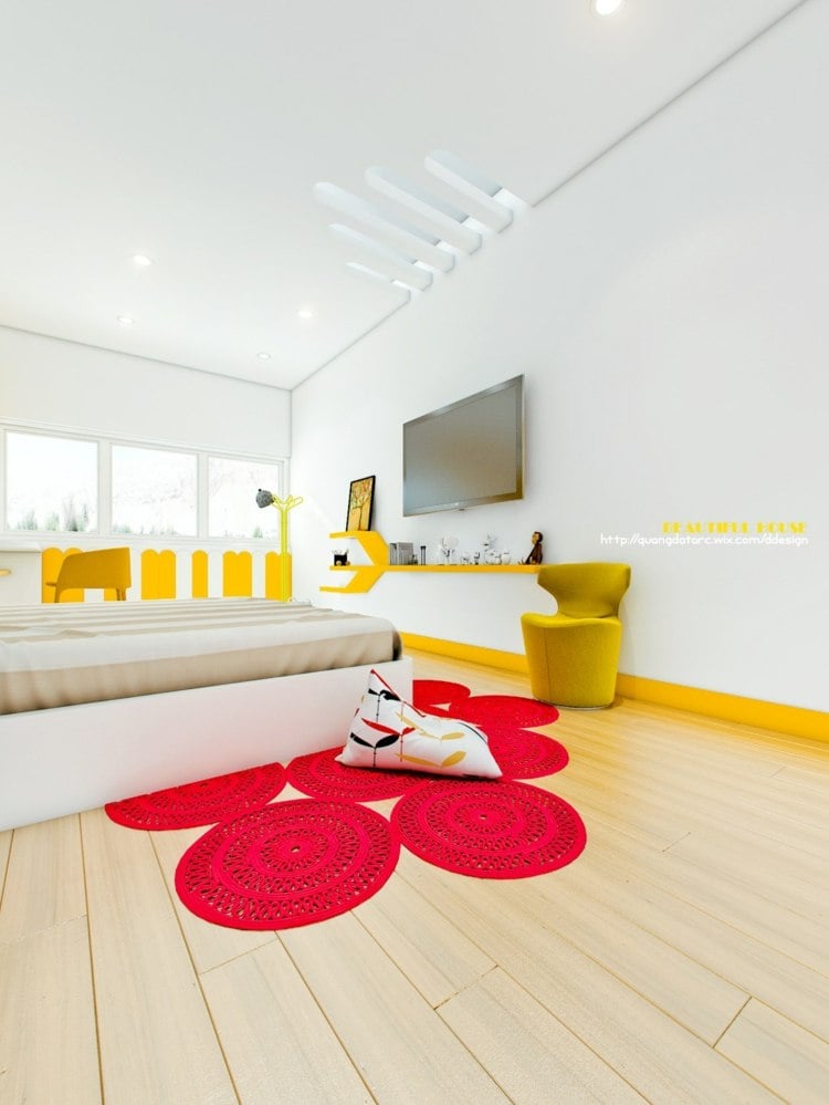 jugendzimmer moderne interieur gelb weiss sessel fernseher