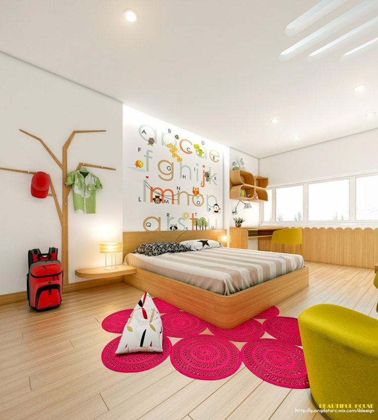 jugendzimmer moderne teppich zierdeckchen pink bett garderobe baum
