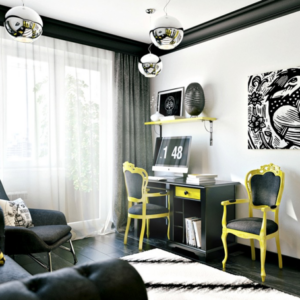 jugendzimmer moderne vorhang schwarz gardine weiss chrom lampen