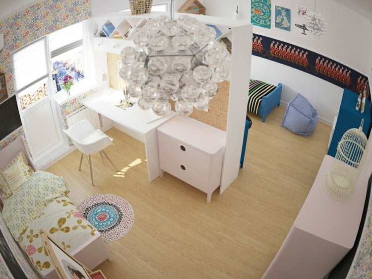 kinderzimmer verspieltem design doppelzimmer trennwand blau rosa lampe