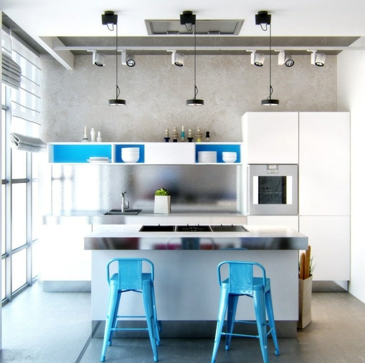 küchen wandpaneele stahl design blau barstuehle weiss moebel