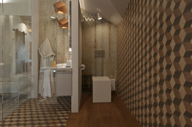 loft einrichtung geometrisch wanddesign beige badezimmer 3d effekt