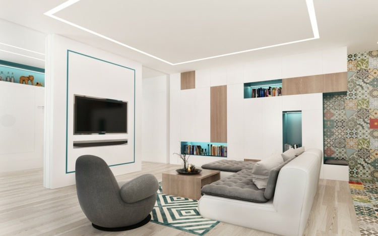 loft einrichtung modern wohnzimmer weiss grau teppich zickzack sofa