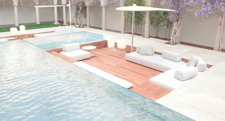 loungemoebel outdoor shoji bodeneben pool holz fussboden sonnenschirm
