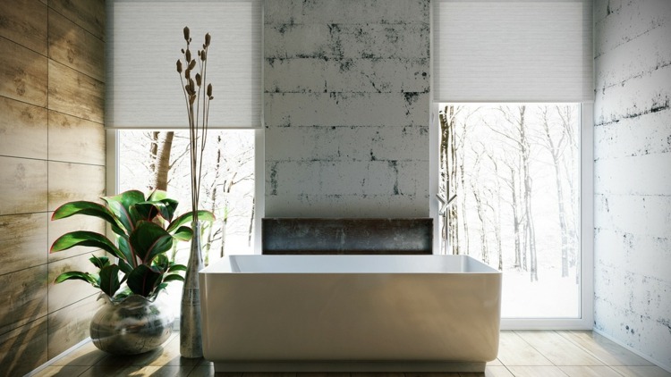 luxus badezimmer beton design pflanze eckig badewanne