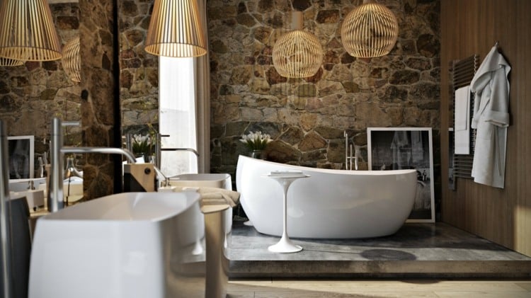 luxus badezimmer stein wand rustikal flair lampen