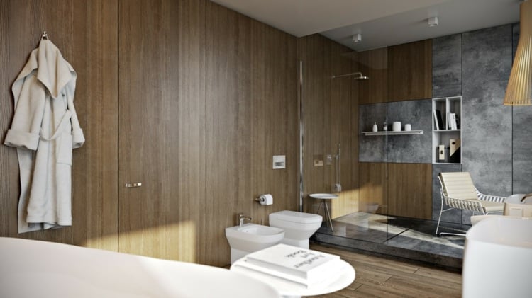 luxus badezimmer wandpaneele dunkel holz beton