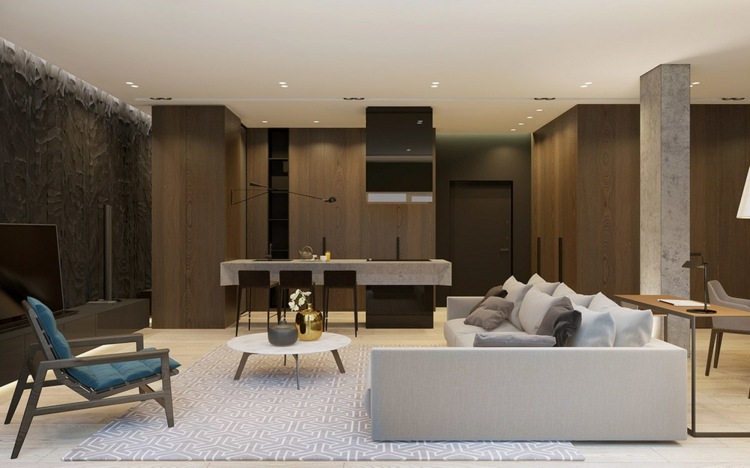 luxus wohnung monochrome lounge blaugrau kueche modern stil