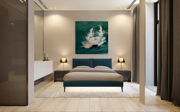 luxus wohnung monochrome schlafzimmer bett bild wand vorhaenge