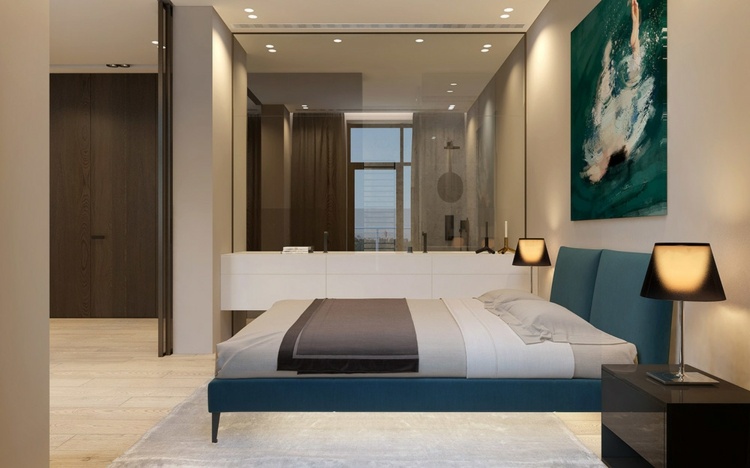 luxus wohnung monochrome schlicht blau schlafzimmer nachtschrank sideboard
