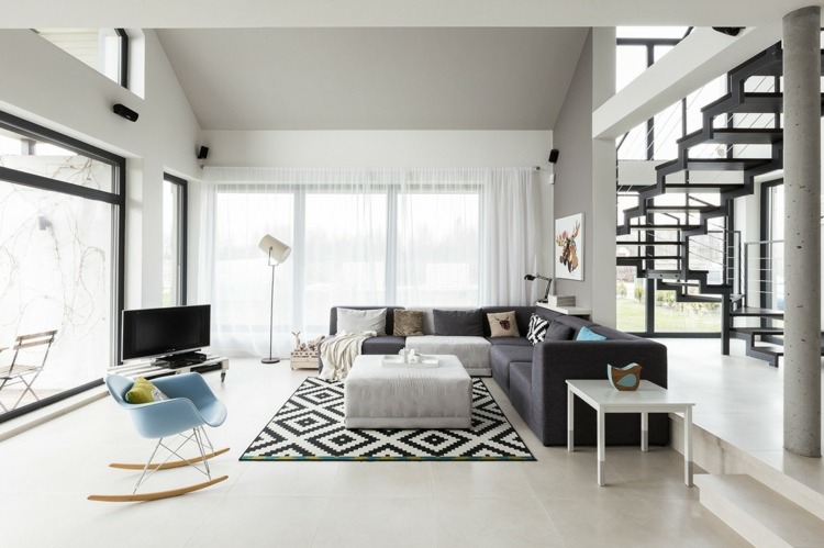 luxus wohnung monochrome teppich design fenster licht wohnzimmer treppe