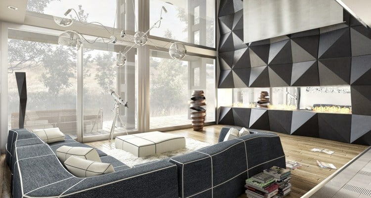luxus wohnung monochrome wohnwand design geometrisch laminat