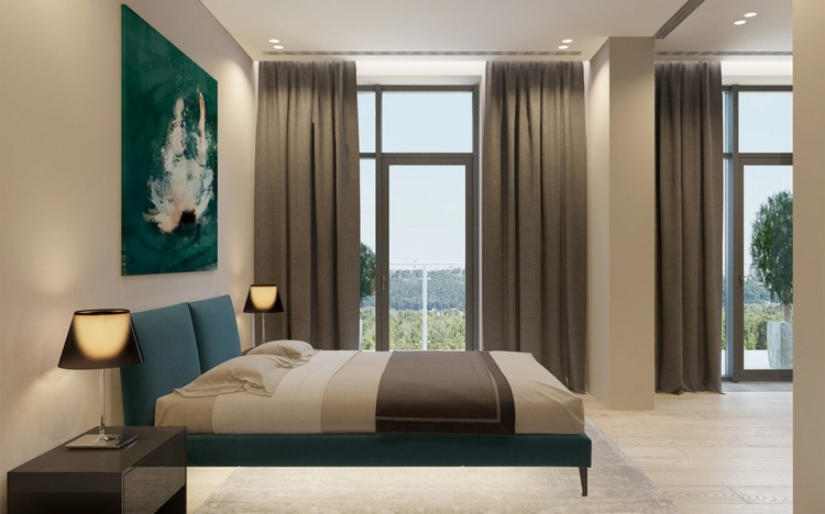 luxus wohnung monochrome zen stil schlafzimmer vorhaenge grau