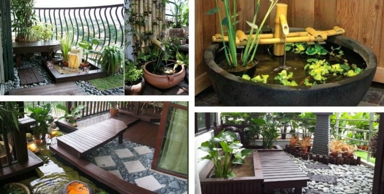 miniteich balkon boden bauen idee japanisch stil bambus brunnen