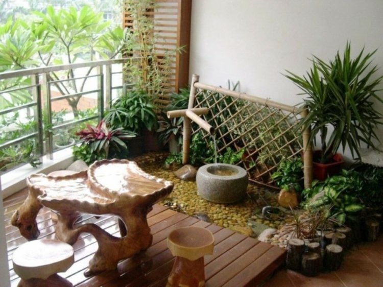 miniteich fuer den balkon japanisch stil palme couchtisch brunnen