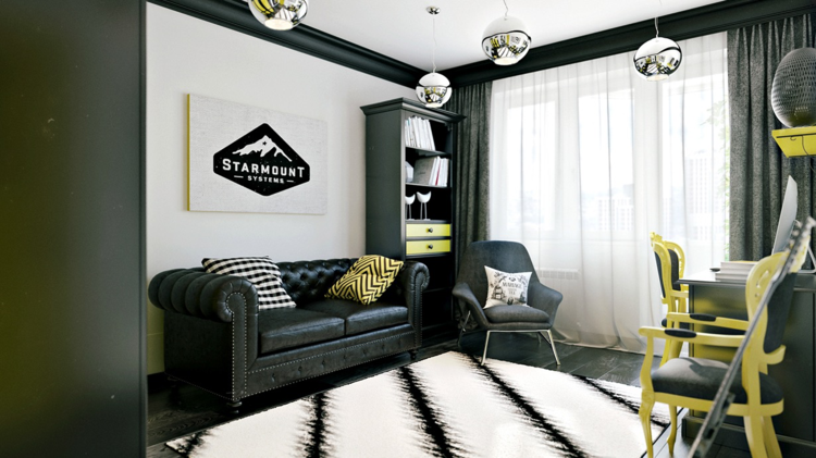moderne jugendzimmer schwarz gelb weiss design ledersofa sessel