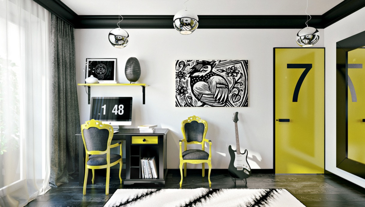 moderne jugendzimmer vintage stuehle gelb schwarz bild gitarre