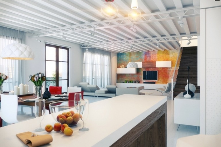 Offene Küche mit Wohnzimmer -wandgestaltung-bunt-farbig-theke-weiss-holz-modern