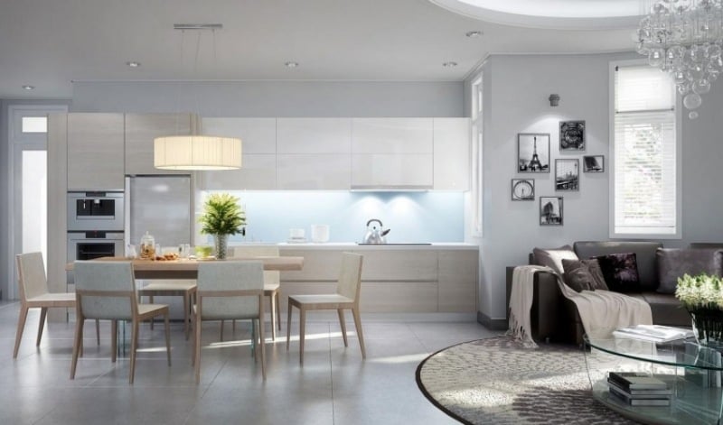 Offene Küche mit Wohnzimmer -weiss-hell-holz-couch-braun-modern-pendeleleuchte-stuehle-fotos
