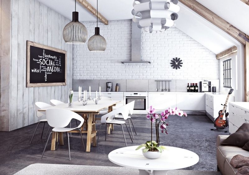 Offene Küche mit Wohnzimmer -weiss-ziegelwand-weiss-gestrichen-boden-grau-leuchten-modern-holztraeger