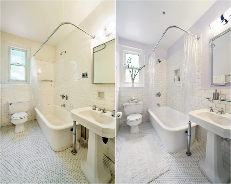 renovieren-ideen-bad-vorher-nachher-flieder-wandfarbe-weisse-fliesen-badewanne-duschvorhang